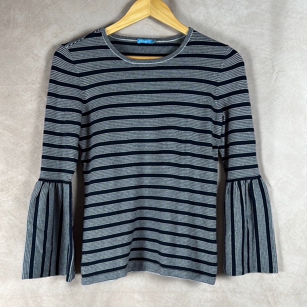 J McLaughlin Pullover Top XS Bell Sleeves Stripes Nautical Sailing Coastal Soft